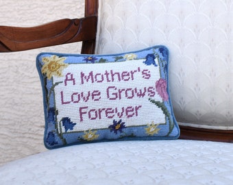 Vintage small needlework pillow Mothers Love small cushion wool half stitch embroidered pillow living room floral decor Mothers Day gift