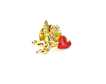 Vintage brooch gold-toned Cupid holding a red heart angel lapel pin Valentines Day costume jewelry gift embellishment gift for her for him