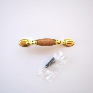 May include: A cabinet pull with a gold finish and a central wooden section. The pull is accompanied by screws in a small plastic bag. The hardware is designed for furniture and home improvement projects.