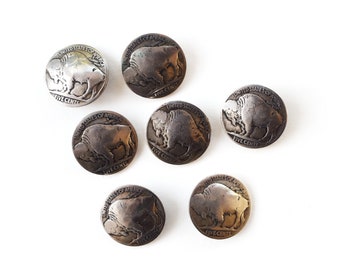 Vintage coin buttons Buffalo nickels set of 7 concho buttons jewelry making sewing supply Western button old coins buttons shank buttons