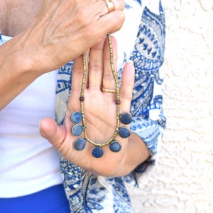 Vintage necklace blue lapis lazuli brass wood 1 strand handmade Middle Eastern tribal necklace ethnic jewelry gemstone necklace gift for her