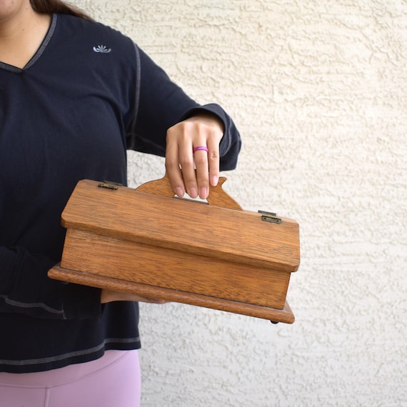 Vintage wooden storage box with carrying handle country farmhouse cottage decor