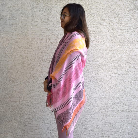 Vintage fringed scarf rectangular stole woven wra… - image 7