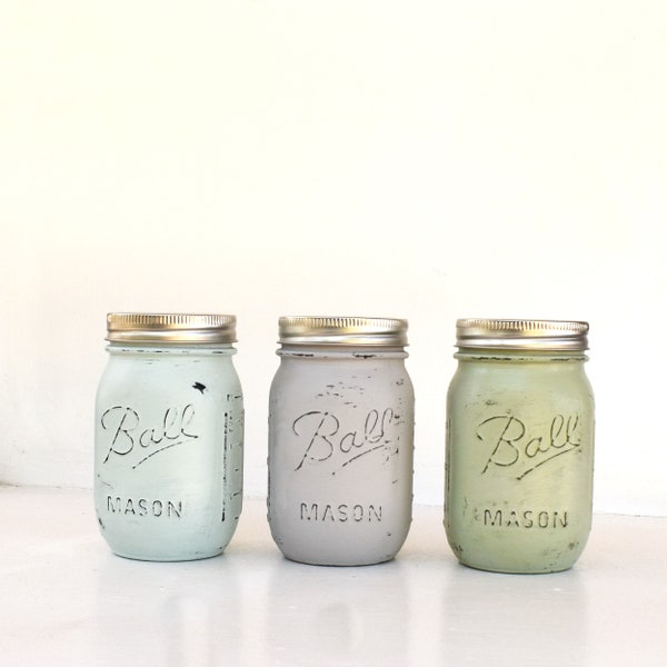 Painted Ball mason jars set of 3 table centerpiece gray green rustic spring summer wedding flower vase bathroom office organizer shelf decor