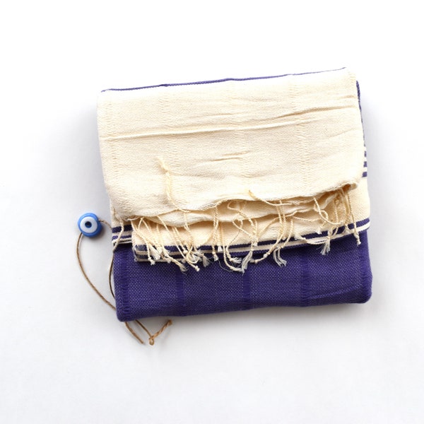 Vintage Turkish beach towel cover up Evil Eye bead violet blue off white striped Turkish bath towel Peshtemal Hammam towel Fouta towel