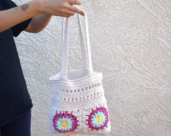 Crochet shoulder tote bag granny squares 100% cotton beach bag reusable shopping tote eco friendly boho womens accessories gift for her