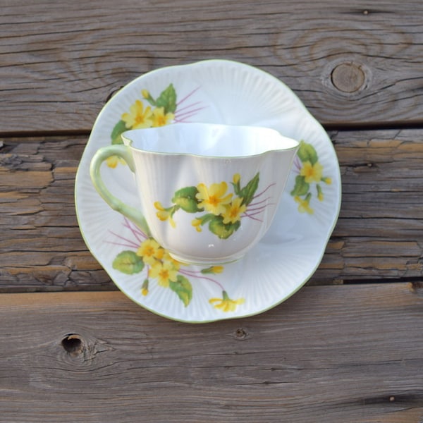 Shelley England tea cup and saucer Primrose 13430 yellow green white fine bone china gift for her collectible Easter Mother's Day tea party