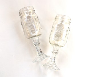 2 drinking glass jars Ball made in USA footed mason jar clear goblets statement glass canning jars rustic wedding bride and groom glasses