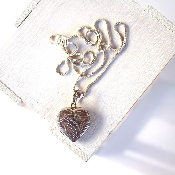 Engraved heart locket chain necklace sterling sil… - image 2