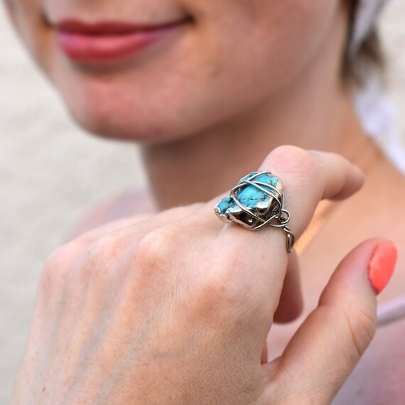Vintage ring size 7 wire wrapped turquoise boho j… - image 7