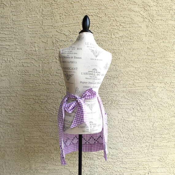 Vintage kitchen half apron gingham pattern chicke… - image 8