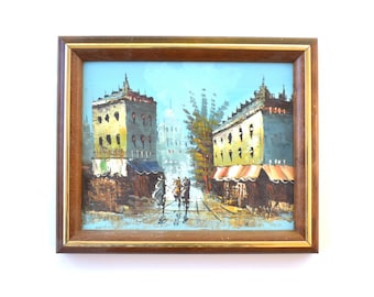 Vintage framed oil painting on canvas city street scene signed Tammy impressionist art mid century wall art mantel decor living room decor