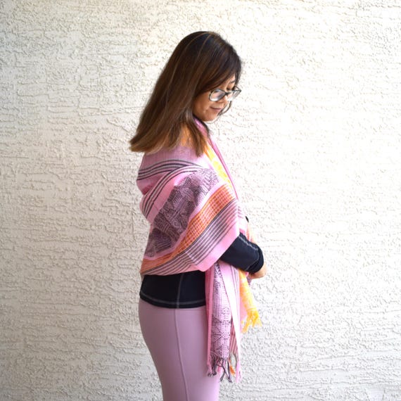 Vintage fringed scarf rectangular stole woven wra… - image 6