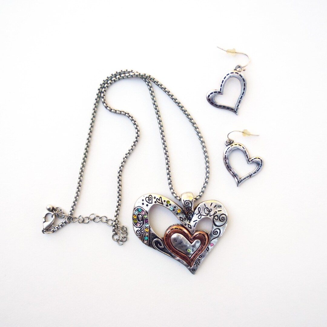 Vintage Whimsical Heart Necklace and Dangle Earrings Set Statement