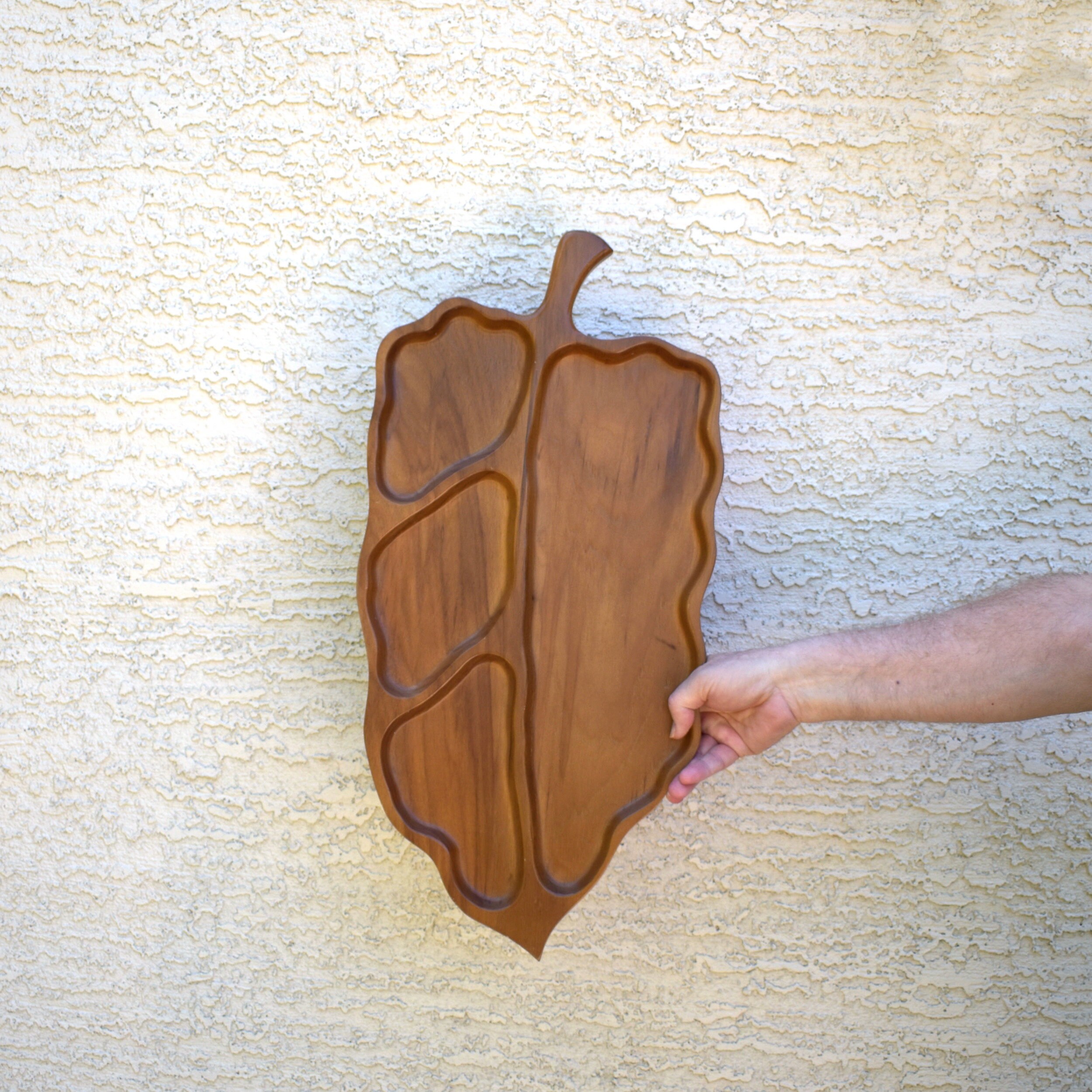 Vintage Wooden Serving Tray Leaf Shaped Sweet Pecan Overton USA