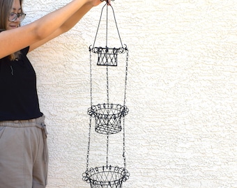Vintage 3 tier black hanging basket retro plant hanger porch patio decor cottage decor indoor garden gift for gardener gift for her