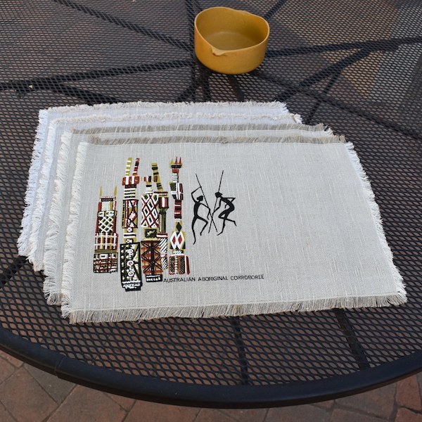 Vintage linen placemats with fringe Australian Aboriginal Corroboree natural materials Aboriginal art tribal art ethnographic art dining