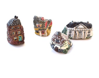 Vintage painted rock house set of 4 decorated stone rock art paperweight cottage house home office shelf decor gift for friend housewarming