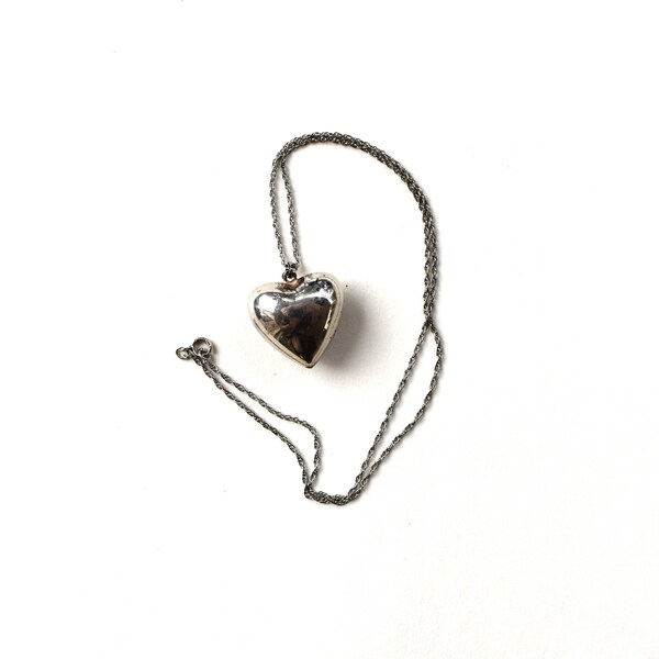 Vintage necklace sterling silver chain puffy heart pendant womens romantic jewelry love gift for her Christmas Valentines Day Birthday