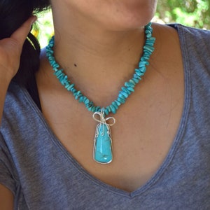 Turquoise Sterling Silver Wire Wrap Necklace: Chunky Gemstone Pendant