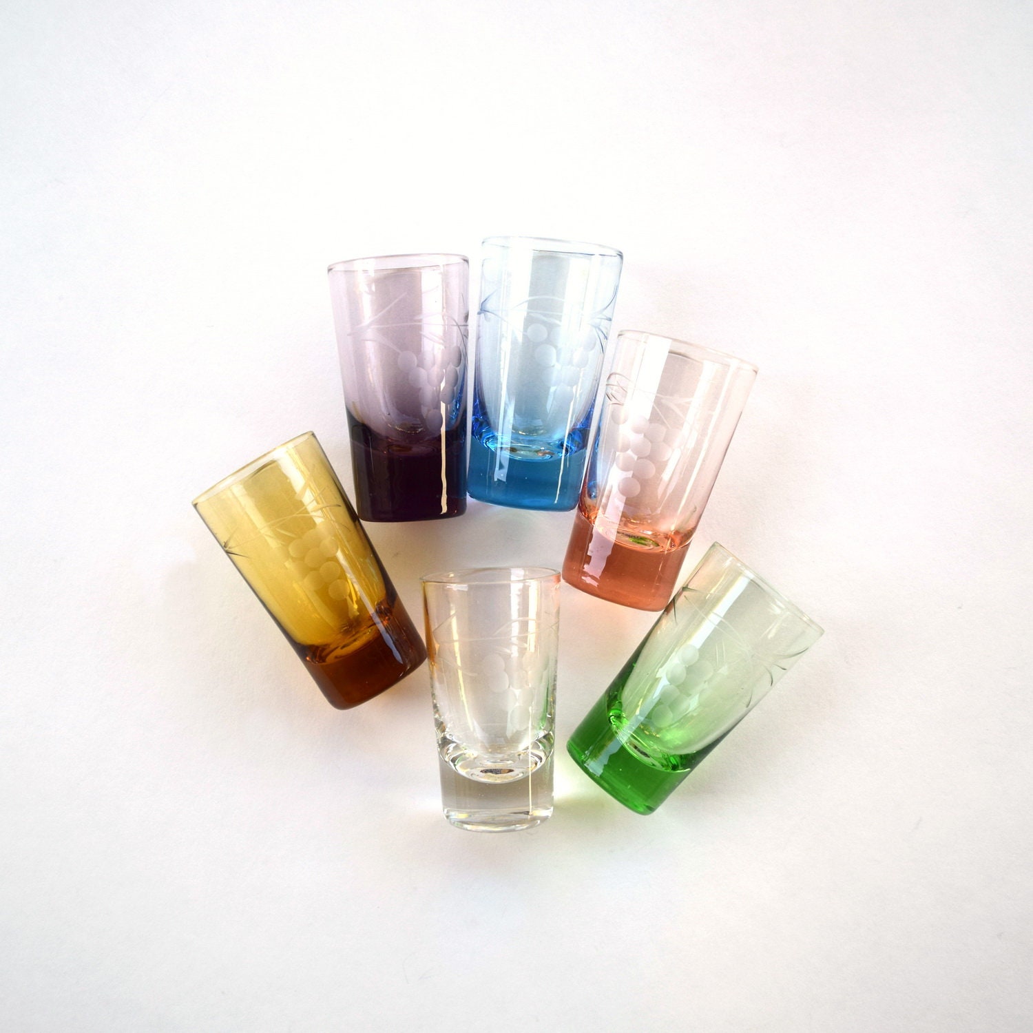Vintage shot glasses with etched grape design set of 6 green Etsy