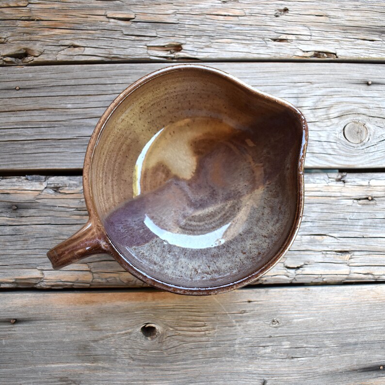 Batter bowl with handle vintage pottery small mixing bowl brown clay kitchen cooking baking farmhouse rustic Thanksgiving hostess gift image 7