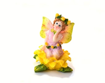 Vintage figurine spring flower fairy whimsy ornament yellow green pink fairies art shelf decor Easter decor gift for friend gift for her