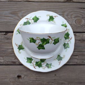 Vintage sugar bowl and dessert plate Colclough England English Ivy leaf white green gold bone china Ridgeway Potteries elegant teaparty