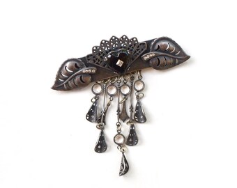 Vintage 1980s Banana Bob brooch black heart filigree fan silver tone pin dangle brooch romantic Art Deco style costume jewelry gift for her