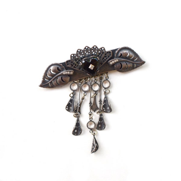 Vintage 1980s Banana Bob brooch black heart filigree fan silver tone pin dangle brooch romantic Art Deco style costume jewelry gift for her