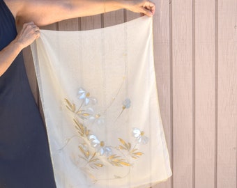 Vintage women neck scarf transparent wrap floral design gold silver elegant shawl lightweight scarf gift for her Mothers Day Birthday