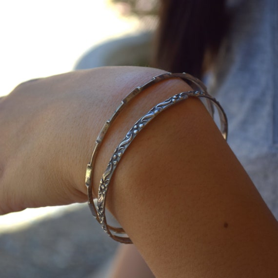 Vintage round silver bangle bracelets set of 2 bangles T sterling 925 stackable bracelets boho jewelry gift for her women jewelry gift Etsy
