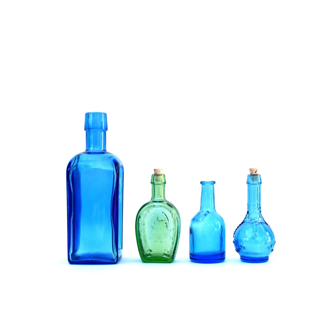Vintage Mini Glass Bottles Wheaton NJ USA Set of 4 Aqua Blue Green