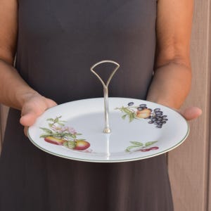 Vintage serving plate with center handle fruits and berry pattern made in England dinner party gift for hostess tea party gift under 25