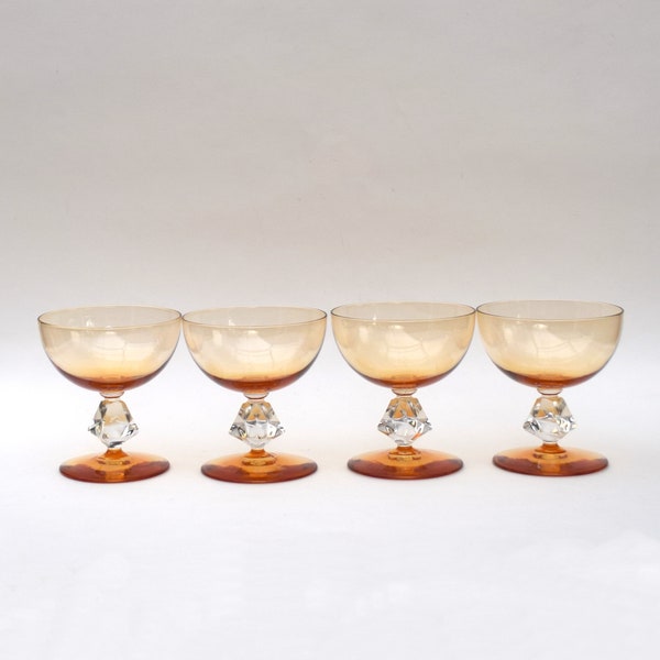 Vintage glamorous footed cocktail glasses coupe amber white crystal set of 4 elegant barware formal party wedding reception Thanksgiving