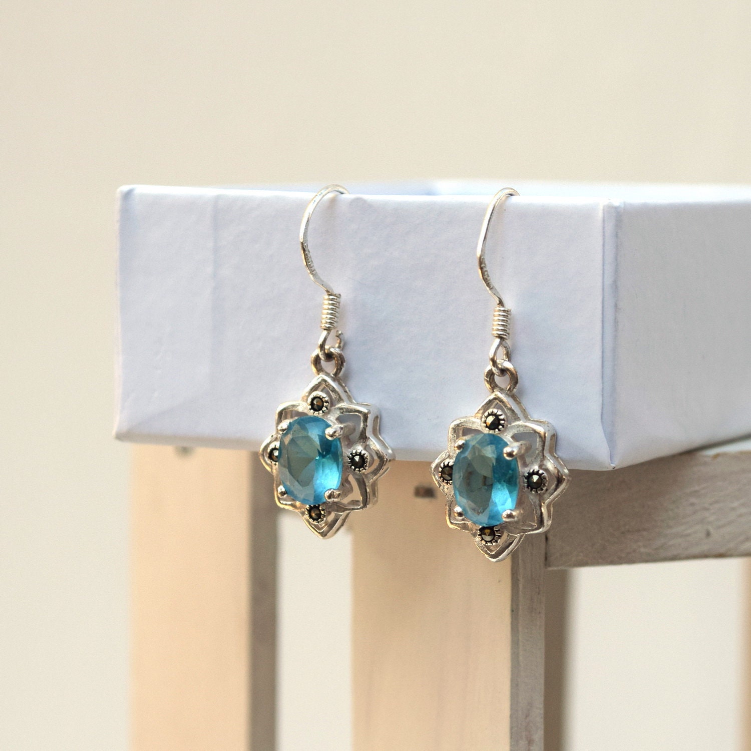 Vintage Blue Topaz Sterling Silver Drop Earrings - December Birthstone