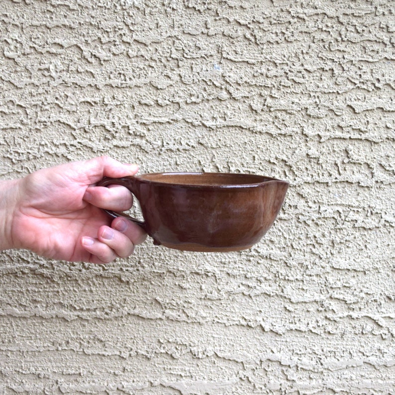 Batter bowl with handle vintage pottery small mixing bowl brown clay kitchen cooking baking farmhouse rustic Thanksgiving hostess gift image 4