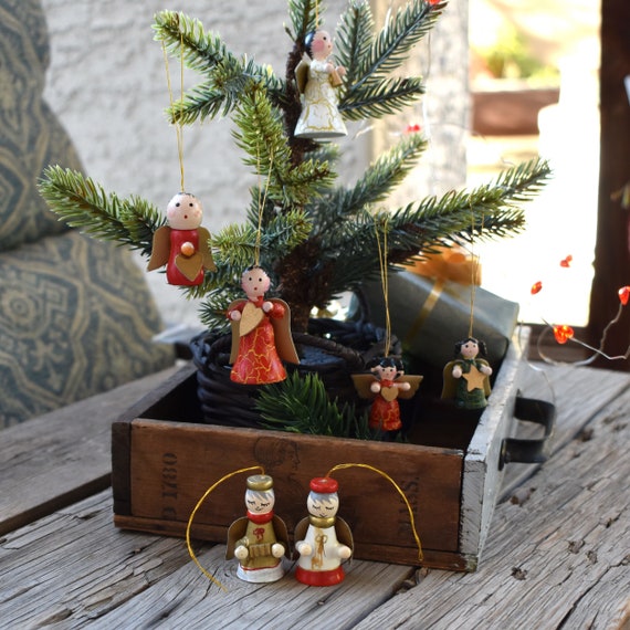 Vintage Miniature Christmas Ornaments Lot of 7 Wooden Handpainted Figurines  Angels Christmas Tree Winter Holidays Festive Decor 