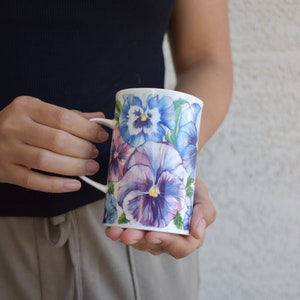 Vintage Dunoon mug Pansies Helen Sandiford fine bone china England floral English mug gift for friend coworker gardener coffee tea lover