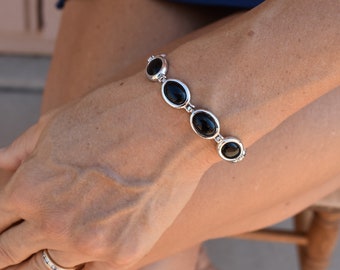 Black onyx sterling silver link bracelet vintage jewelry semi precious stone boho bracelet bohemian jewelry gift for her womens jewelry