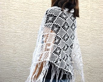 Crochet shawl white cotton lace shawl boho crochet wrap music festival beach swim suit cover up women's summer accessories gift for her