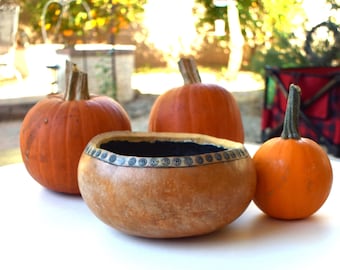 Vintage gourd bowl nature art hand painted carved gourd signed D M Smart rustic decor home office holiday decor unique handmade gift for her