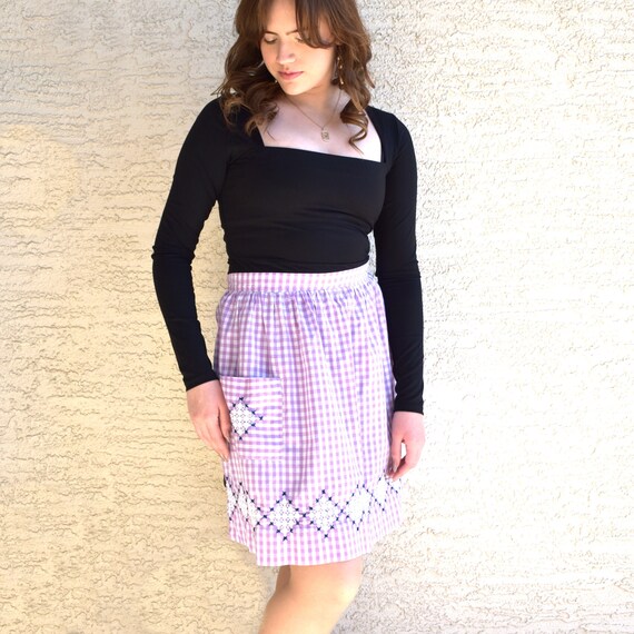 Vintage kitchen half apron gingham pattern chicke… - image 1