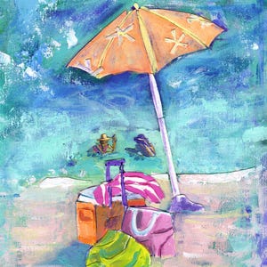 Beach Umbrella Wall Art – Colorful Coastal Painting Print, Tropical Beach Scene, Summer Vacation Wall Decor, Coastal Boho Art Under 50