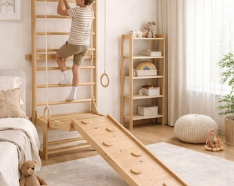 Wooden Swedish Wall Ladder Jungle Gym with Slide, Rope, Swing, Pull-Up Bar