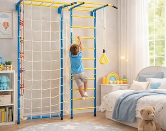 Wall-Mounted Swedish Ladder Gym, Kids Indoor Jungle Gym with Rings, Rope, Montessori Climber