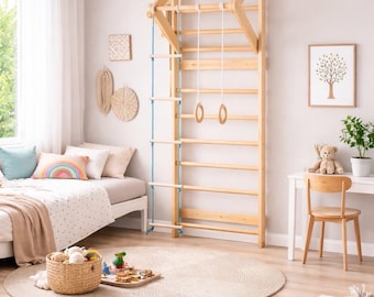 Wooden Swedish Ladder Wall Gym, Kids Indoor Jungle Playground, Montessori Climber, Rings