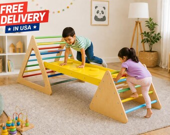5-Piece Montessori Wooden Climbing Triangle Set with Ramp, Toddler Indoor Play Gym