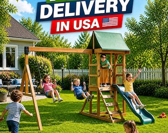 Wooden Playhouse Swing Set with Slide, Ladder, Sandbox | Backyard Playground Gym