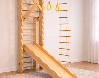 Wooden Swedish Ladder Wall Gym, Montessori Kids Climber with Slide, Rings, Pull-Up Bar